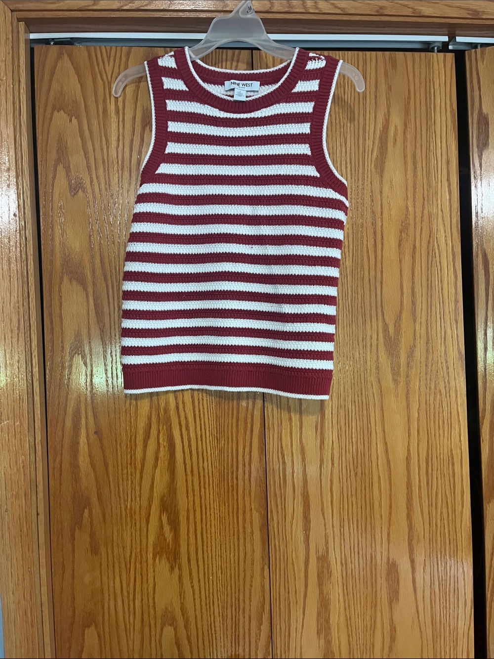 Nine West Jeans Red Cream Striped Crochet Knit Sweater Tank S
